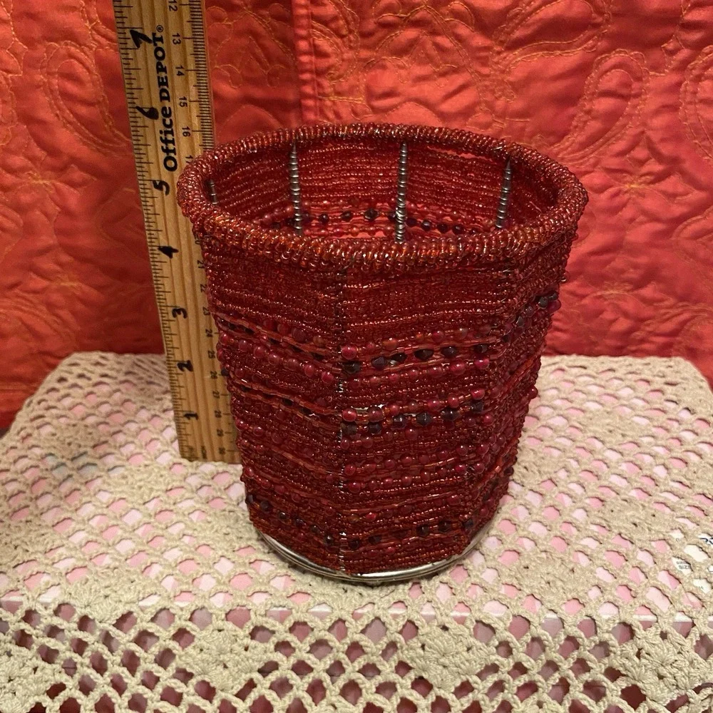 Pottery Barn Red Beaded Candle Holder 5.5